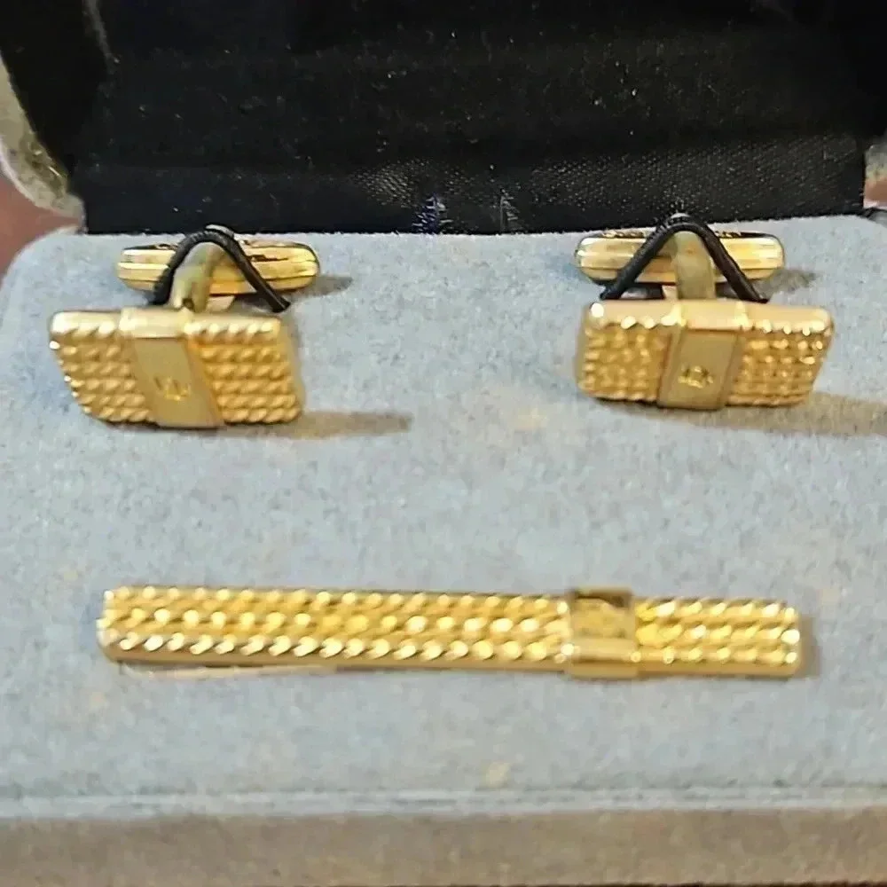 Christian Dior Braided Gold Tone Cufflink and Tie Bar Set in Box Vintage